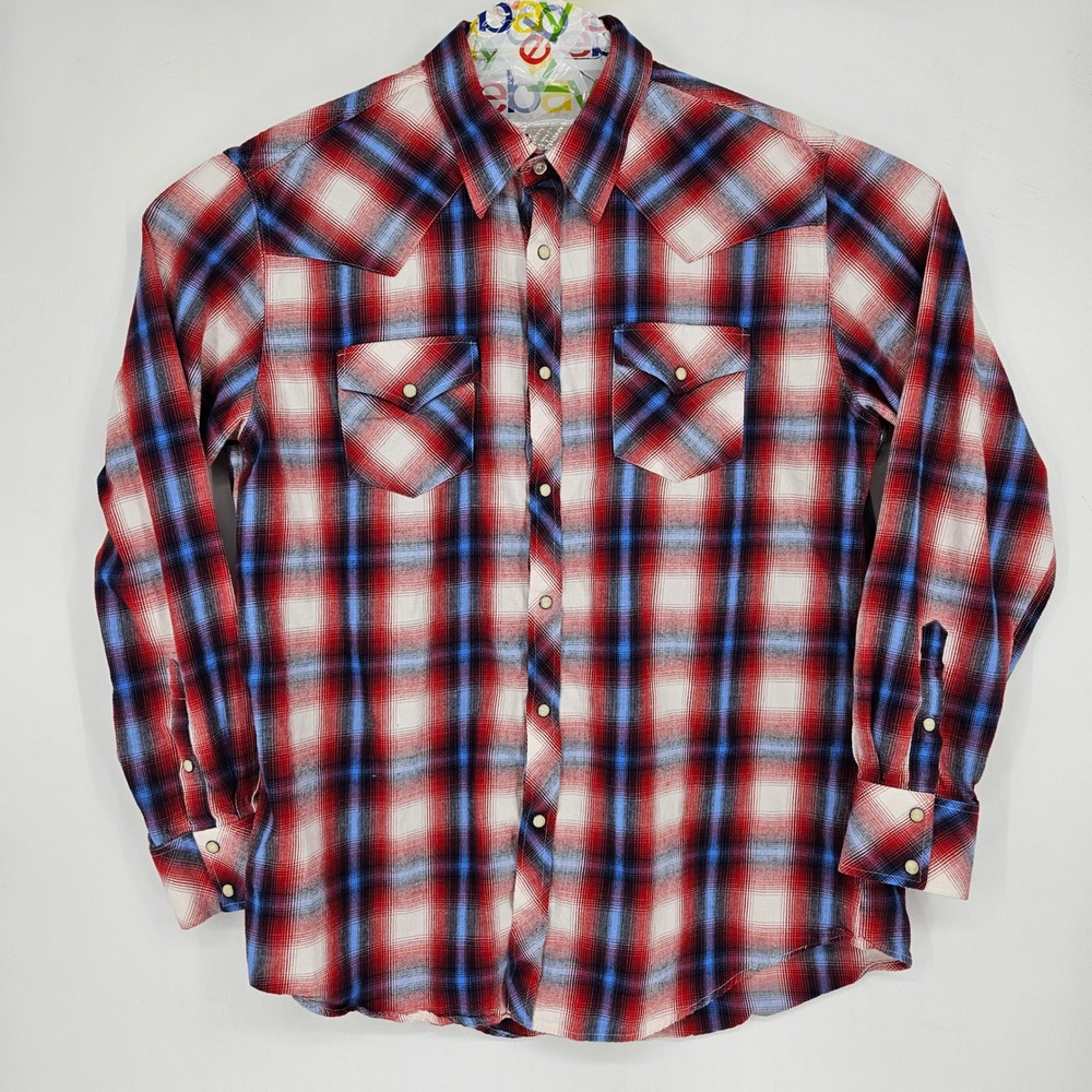Rock & Roll Denim Shirt‎ Mens XL Red Blue Paisley Western Pearl Snap Rodeo